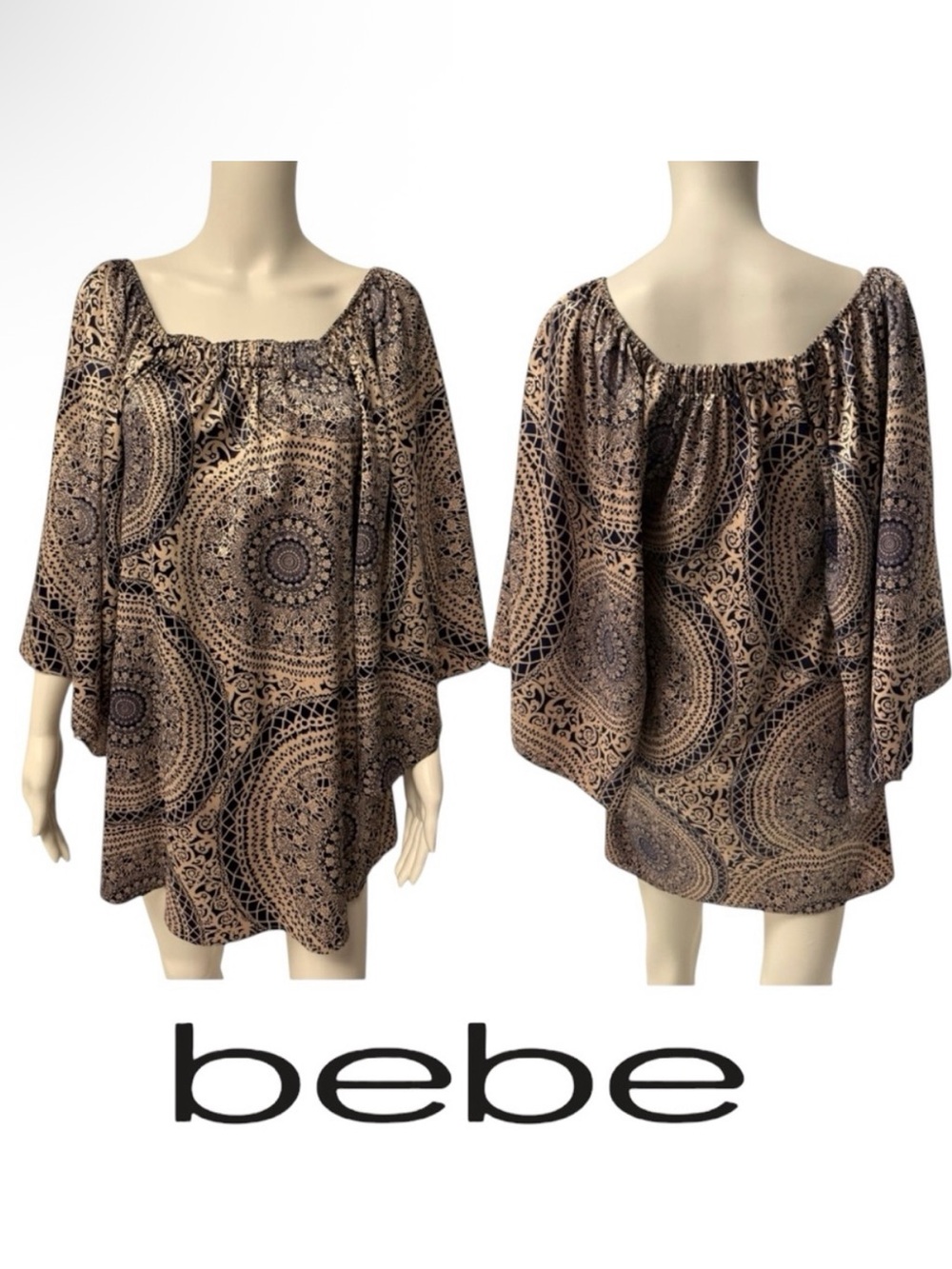 🆕 Vintage Y2K bebe Brown Medallion Print Bell Sleeve Dress with Square Neckline
